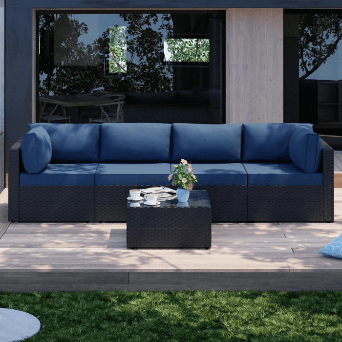 5 Pieces Outdoor Patio Sectional Sofa Couch, Black PE Wicker Furniture Sets, Patio Conversation Sets with Washable Cushions Glass Coffee Table for Garden, Poolside, Backyard, Aegean Blue - Image 5