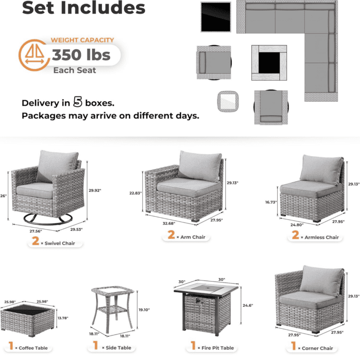 10 Pieces Patio Furniture Set, Outdoor Sectional Sofa with Swivel Rocking Chairs, Fire Pit Table, Wide Arms and Deep Seat, Modular Wicker Rattan Conversation Set, Dark Grey - Image 8