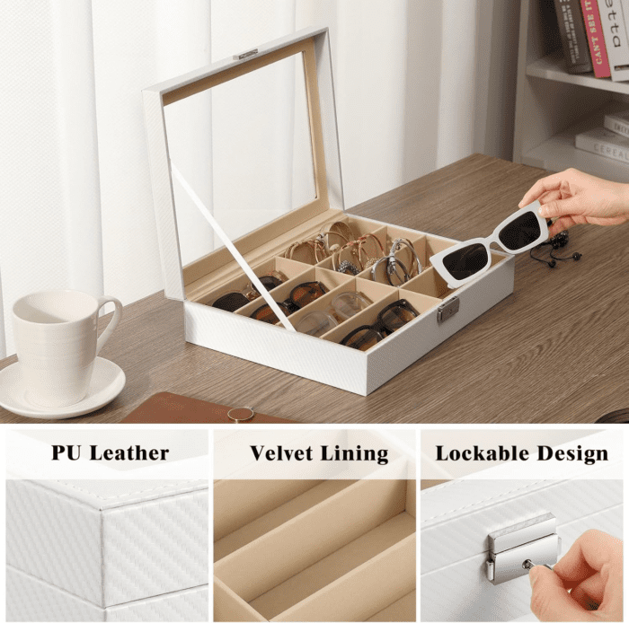 Sunglasses Organizer with 8 Slots, Leather Sunglass Display Collection Holder Case with Drawer Clear Glass Lid, Lockable Eyeglass Glass Jewelry Watch Storage Box for Women Men, White - Image 4