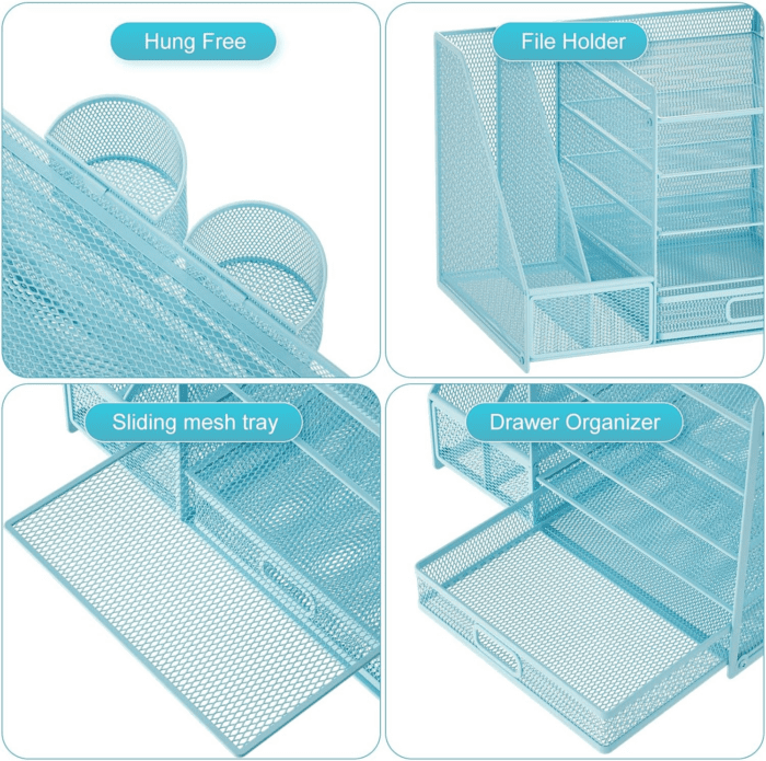 Desk Organizer with File Holder, 5-Tier Paper Letter Tray Organizer with Drawer and 2 Pen Holder, Mesh Desktop Organizer and Storage with Magazine Holder for Office Supplies(Blue) - Image 4