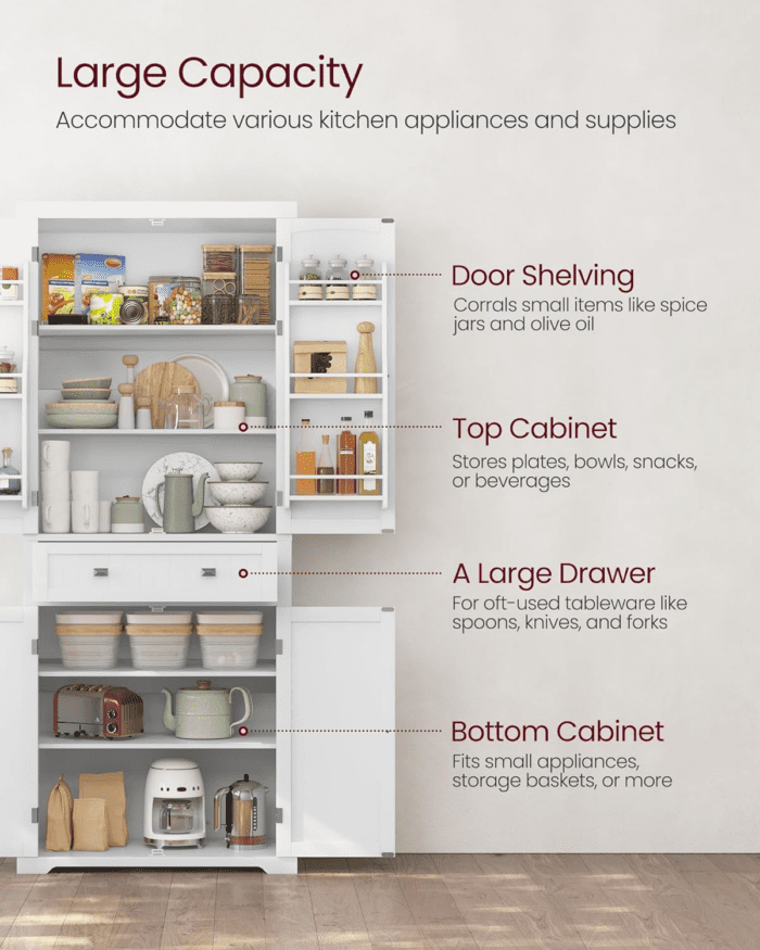 Pantry Cabinet, 15.7 X 30 X 71.7 Inches, Freestanding Tall Cupboard Storage Cabinet with a Drawer, 2 Cabinets, 4 Adjustable Shelves, 6 Door Shelves, Living Room, Kitchen, White UBBC561P31V2 - Image 4