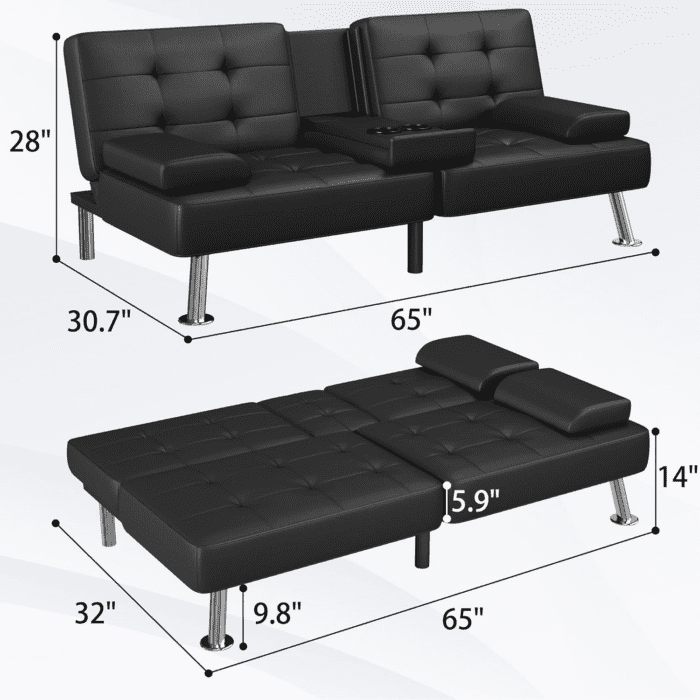 Futon Sofa Bed Modern Folding Futon Set Convertible Recliner Lounge for Living Room with 2 Cup Holders, Removable Armrests (PU Leather, Black) - Image 3