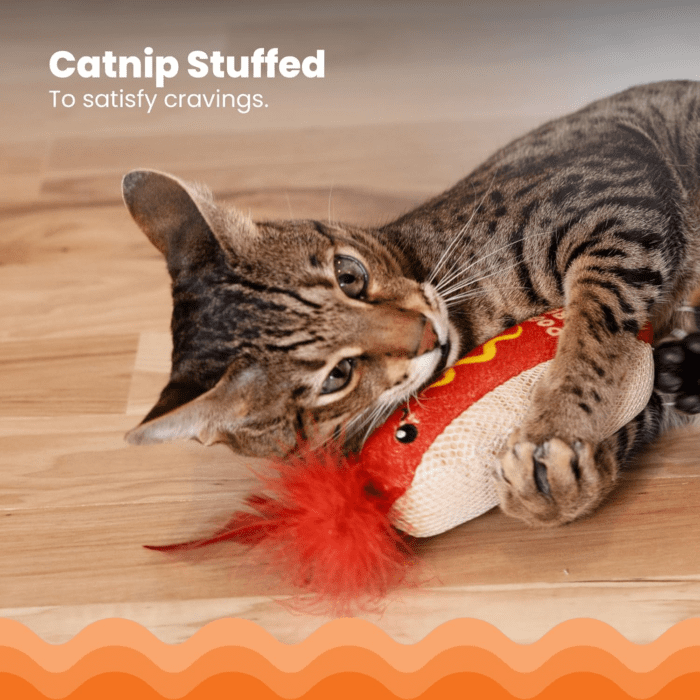 Hot Dog Kicker Catnip Toy and Dental Toy for Cats Hot Dog Themed Funny Catnip Stuffed Kicker Toy, Brown - Image 3