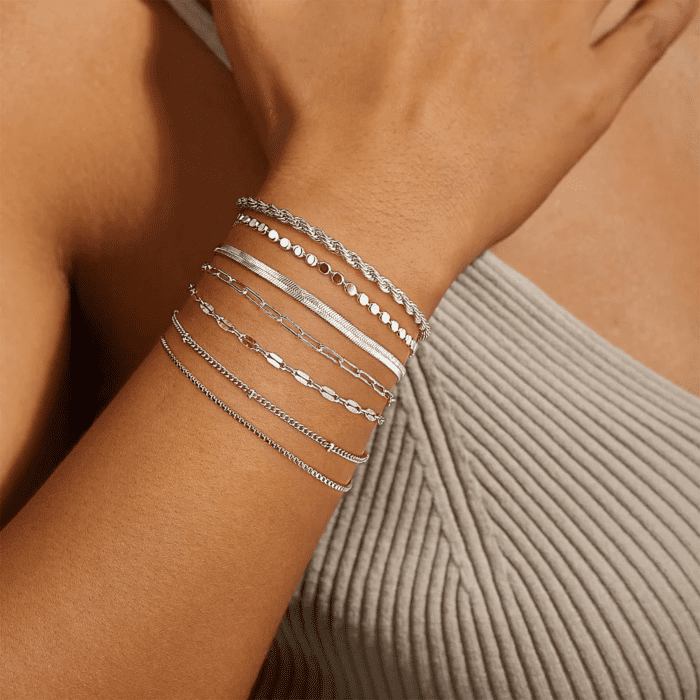 Silver Bracelets for Women Trendy Waterproof Silver Dainty Bracelet Stack Adjustable Layered Bracelet Set Minimalist Fashion Jewelry - Image 2