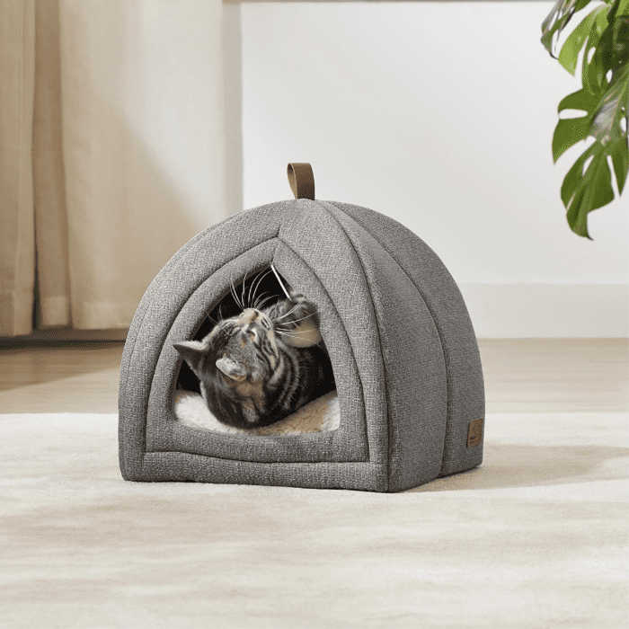 Cat Beds for Indoor Cats - 2 in 1 Cat Cave for Kittens and Small Pets, Foldable Cat House Tent with Removable Washable Cushioned Pillow, Cat Hideaway with Non-Slip Bottom, Grey, 16 Inches - Image 2