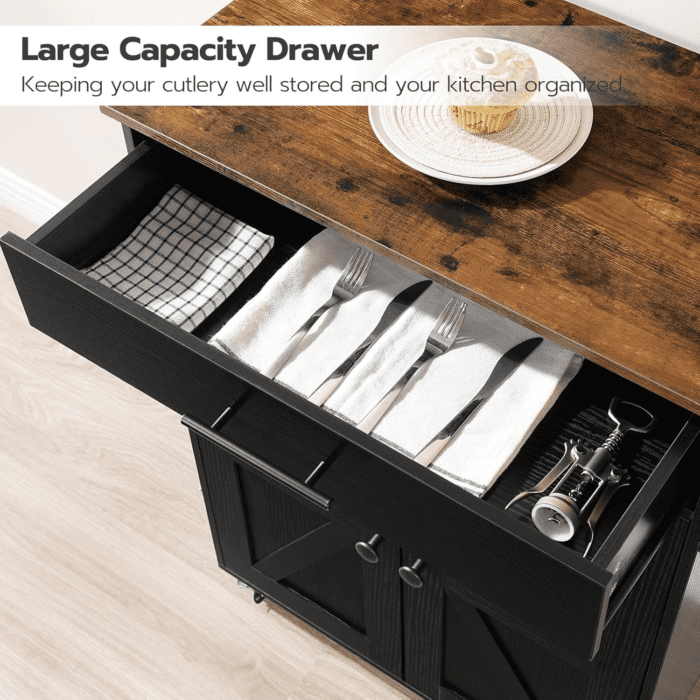 Kitchen Island with Power Outlet, Kitchen Storage Island with Large Worktop, Spice Rack and Drawer, Rolling Kitchen Cart on Wheels, for Kitchen and Dining Room, Rustic Brown and Black - Image 9