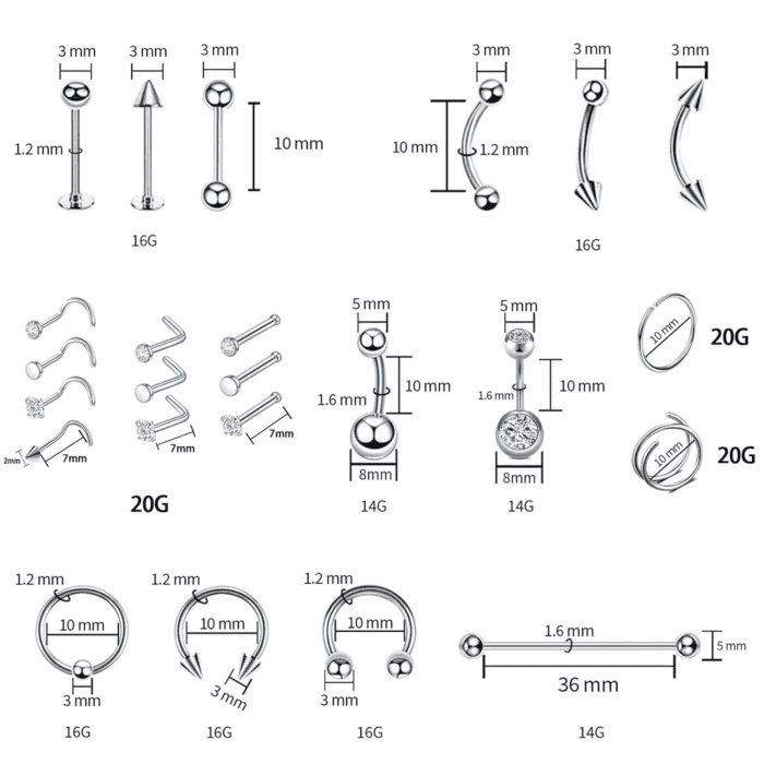 103PCS Piercing Kit for All Body Piercings Stainless Steel Piercing Jewelry with 12G 14G 16G 20G Piercing Needles and Tools for Nose Septum Belly Button Lip Ear Tongue Cartilage Eyebrow Tragus - Image 2