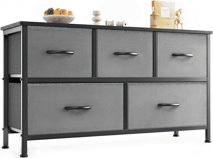 Dresser for Bedroom with 5 Drawers, Wide Chest of Drawers, Fabric Bedroom Dresser with Drawer Organizers, Storage Organizer Unit with Fabric Bins for Closet, Living Room, Hallway, Grey