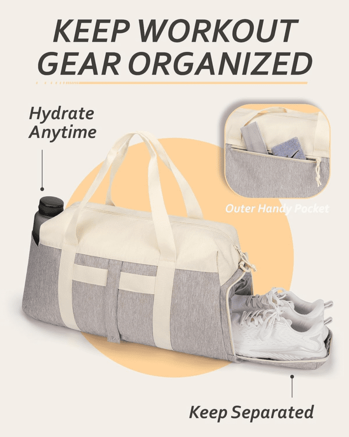 Gym Bags for Men Women, 40L Foldable Travel Duffle Bag, Lightweight Weekender Duffel Bag with Shoe Compartment, Water Resistant Workout Duffle Sports Bag for Travel Yoga, Beige - Image 6