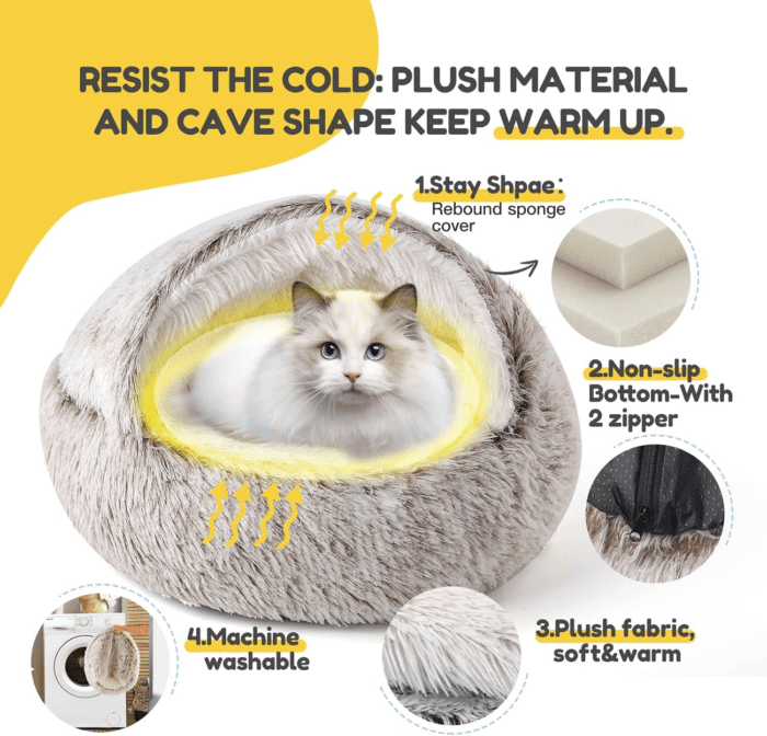 Cat Bed, Plush Hooded Cat Beds for Indoor Cats, Calming Cat Nest, Self Warming Cat Bed Cave, Cozy Cat Pod for Indoor Cat or Small Dog, Removable Washable Cat Cove with Non-Slip Bottom - Image 8