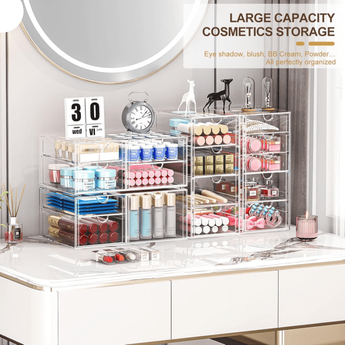 Makeup Organizer with 16 Drawers, 4 Pcs Desktop Office Supplies, Desk Organizers, Clear Desk Accessories, Dustproof Drawer Storage for Make Up, Jewelry, Pen, Stationary - Image 3