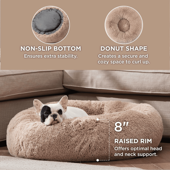 Calming Dog Bed for Medium Dogs - Donut Washable Medium Pet Bed, 30 Inches Anti-Slip round Fluffy Plush Faux Fur Cat Bed, Fits up to 45 Lbs Pets, Camel - Image 3