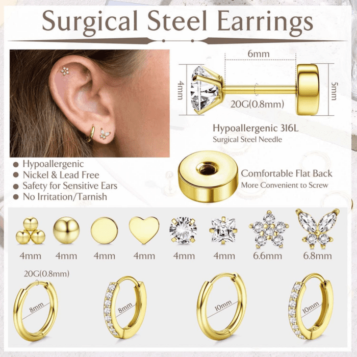 Hypoallergenic Surgical Steel Earrings for Sensitive Ears 14K Gold Flat Back Earrings for Women Men Small Stainless Steel Earrings Flatback Stud Hoop Cartilage Earring Set for Multiple Piercing - Image 5