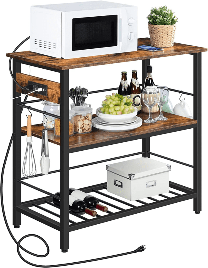 Kitchen Island with Storage, Kitchen Island Table with Power Outlet, 35.4" L 3 Tier Coffee Station and Microwave Stand, for Home, Kitchen and Dining Room, Rustic Brown and Black BF021ZD01 - Image 9