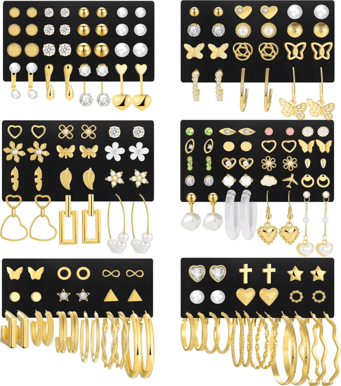 84 Pairs Gold Stud Earrings Set for Women Multipack, Fashion Pearl Cubic Zirconia Butterfly Earrings Packs Piercings, Hypoallergenic Stud Hoops Earrings for Gift