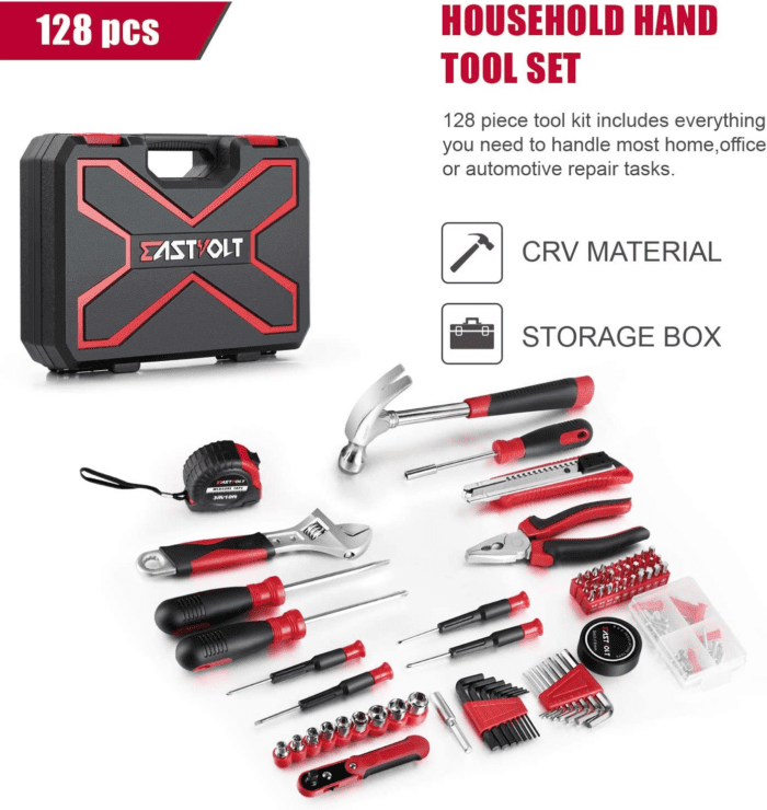 128-Piece Home Repair Tool Set, Tool Sets for Homeowners, General Household Hand Tool Set with Storage Toolbox, EVHT12801, Black + Red (ASK01) - Image 2