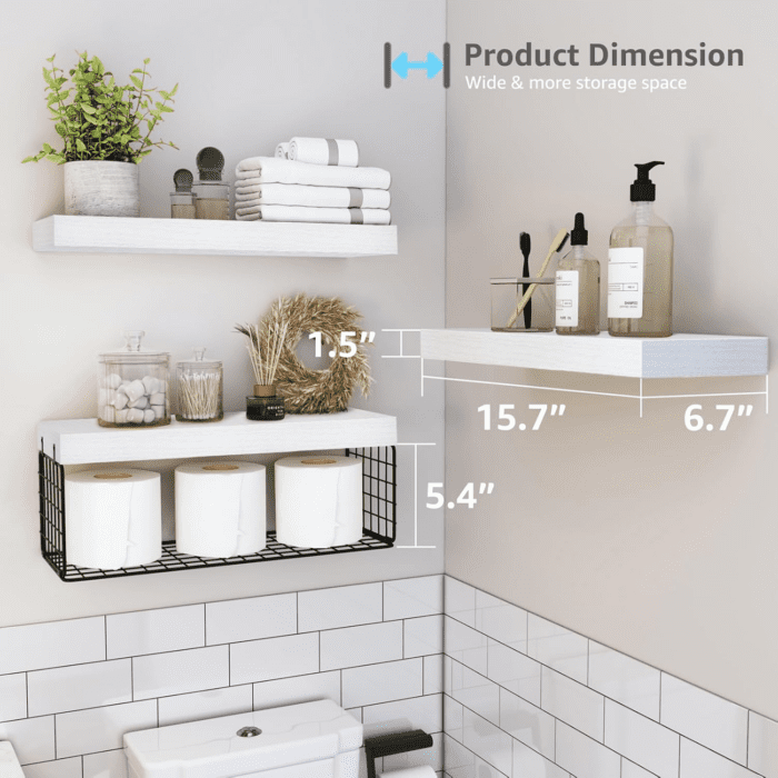 Bathroom Shelves over Toilet - Wall Mounted Floating Shelves Farmhouse Shelf Toilet Paper Storage Small 16 Inch Set of 3, Black and White (019-WB3) - Image 3