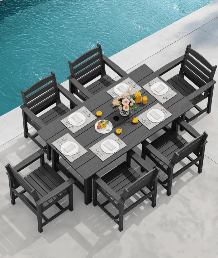 7-Piece Patio Dining Table Sets, Outdoor HDPE Dining Furniture Set with Umbrella Hole Cut-Out Table and 6 Chairs, Black - Image 7