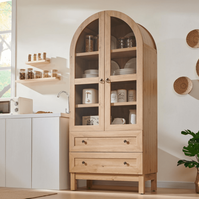 71" Tall Arched Kitchen Pantry, Modern Farmhouse Wood Kitchen Storage Cabinets with 2 Large Drawers and Adjustable Shelves, Versatile Cupboard for Kitchen, Dining Room, Bathroom, Natrual