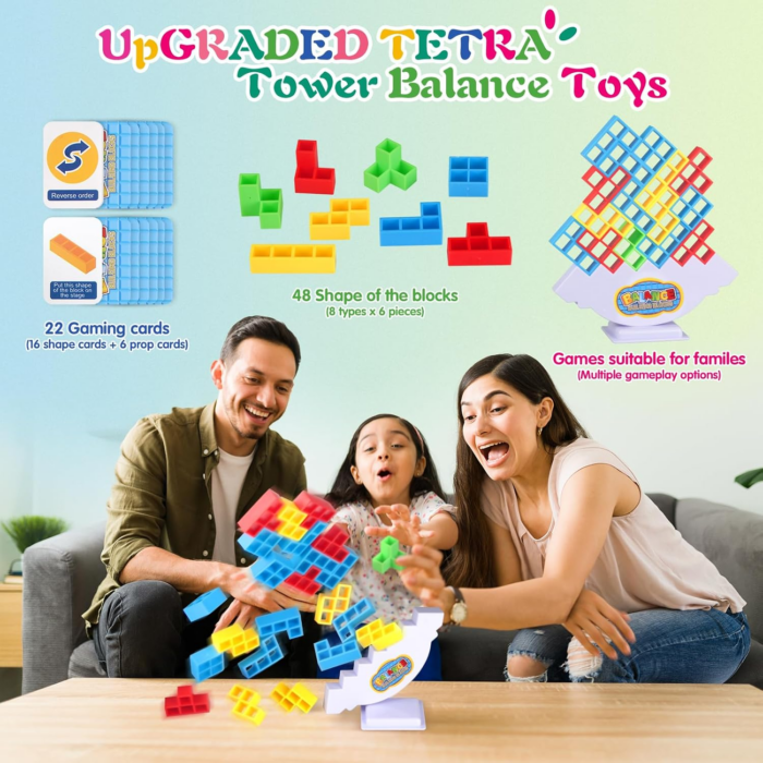 48 Pcs Tetra Tower Game, Stack Attack Family Board for 2 Players Family Games, Building Blocks Stacking Balance Games Toys for Kids, Adults, Friends, Classroom, Family and Travel Party - Image 2