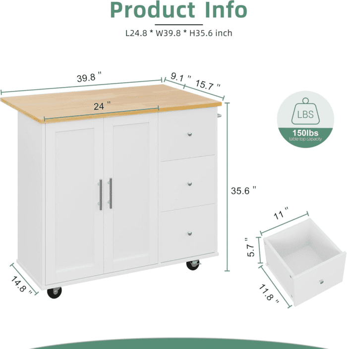 Rolling Kitchen Island Cart with Folding Drop Leaf Breakfast Bar, Portable Trolley Island with Large Storage Cabinet, Shelf and Drawer, White - Image 4