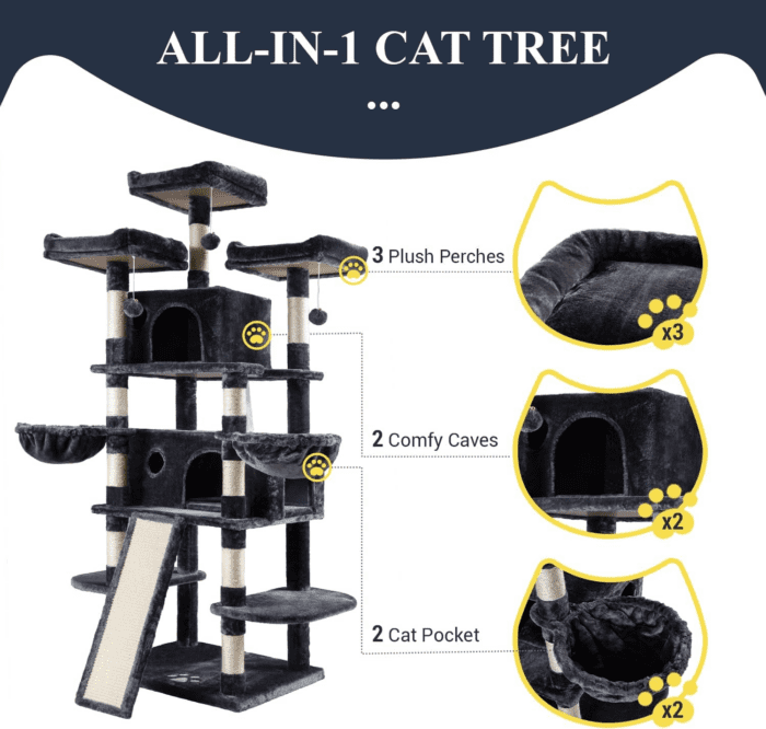 68 Inches Cat Tree House with Condo, Scratching Post, and Multi-Level Towers for Cats - Smokey Grey - Image 5