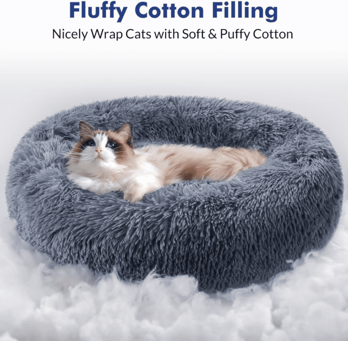 Cat Beds for Indoor Cats, 20 Inches Cat Bed Machine Washable, Fluffy round Pet Bed Non-Slip, Calming Soft Plush Donut Cuddler Cushion Self Warming for Small Dogs Kittens, Dark Grey, Medium - Image 3