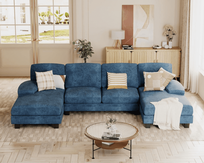 Sectional Couches for Living Room, U Shaped Couch with Chenille Fabric, 4 Seat Modern Sofa with Removable Pillows for Apartment and Small Space (Fabric, Blue)