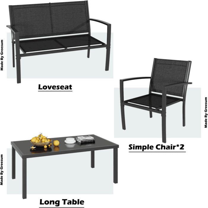 4 Pieces Patio Furniture Set, Outdoor Conversation Sets for Patio, Lawn, Garden, Poolside with a Glass Coffee Table, Black - Image 6