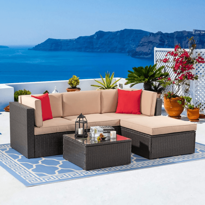 5 Piece Patio Furniture Sets, All-Weather Brown PE Wicker Outdoor Couch Sectional Set, Small Conversation Set for Garden/Patio W/Ottoman, Glass Table, Red Pillow, Beige - Image 2