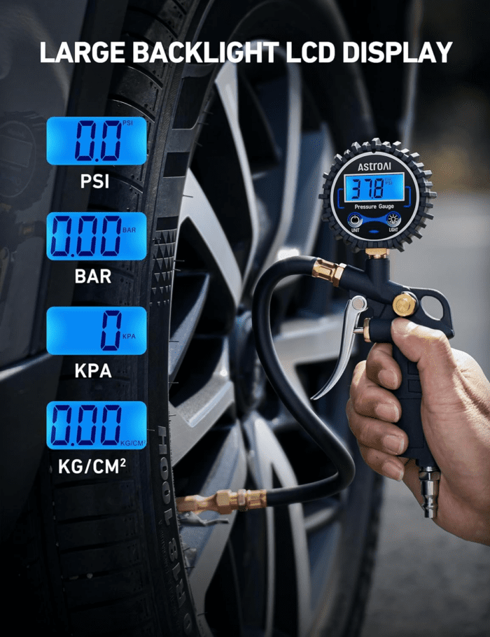 Digital Tire Pressure Gauge with Inflator, 250 PSI Air Chuck & Compressor Accessories Heavy Duty with Quick Connect Coupler, 0.1 Display Resolution, Car Accessories, 1Pack - Image 4