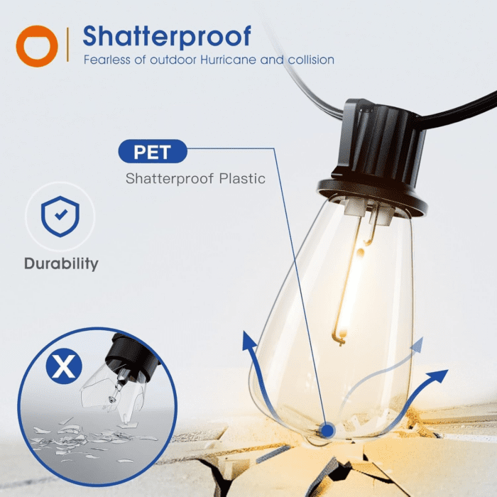 100FT(50FT*2) LED Outdoor String Lights Waterproof Patio Lights with 32 Shatterproof ST38 Replaceable Bulbs(2 Spare), Dimmable outside Hanging Lights Connectable for Porch, Backyard, 2200K - Image 3