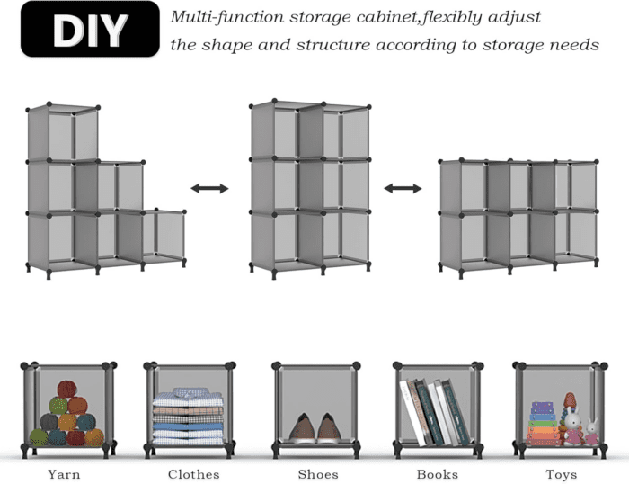 Cube Storage Organizer, Storage Cubes Shelves Bookshelf, 6 Cube Closet Organizers and Storage, DIY Stackable Plastic Clothes Organizer Shelving for Bedroom, Home, Grey - Image 6