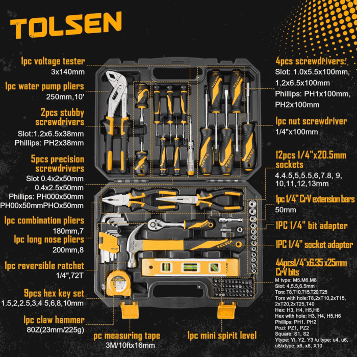 89-Piece Tool Set Household Tool Kit, Hammer Screwdrivers Set, Tool Kit with Drill Bits, Socket Wrench Set, Hex Key Set, Tape Measure, with Plastic Toolbox Storage Case - Image 2