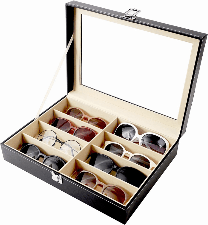 8 Slot Sunglass Organizer Leather Eyeglasses Collector Eyewear Display Case Storage Box, Black - Image 3