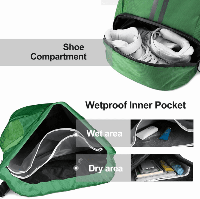 Sports Drawstring Backpack - String Swim Gym Bag with Shoes Compartment and Wet Proof Pocket for Women/Men (Dark Green) - Image 2