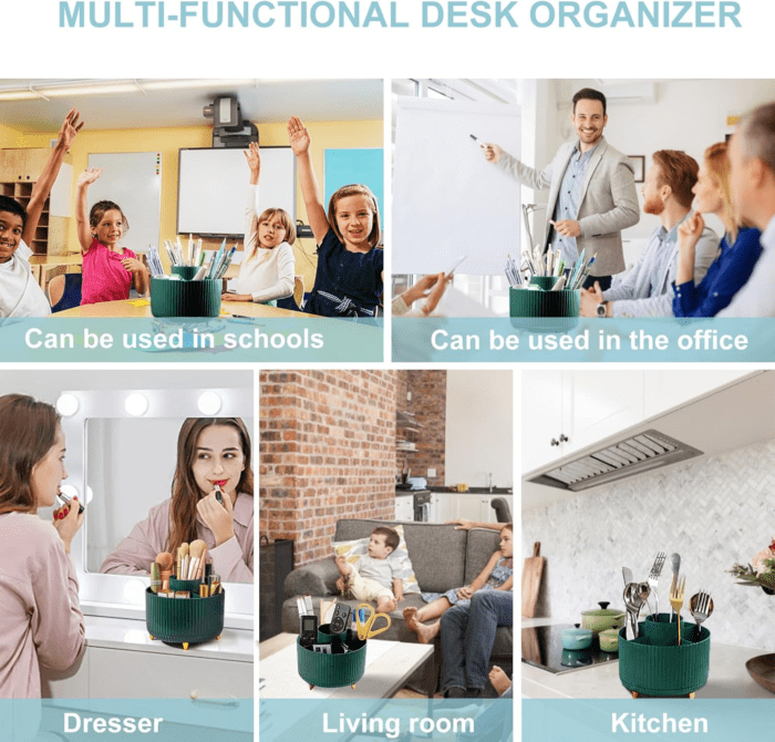 Pencil Holder for Desk,5 Slots 360°Degree Rotating Desk Organizers and Accessories,Desktop Storage Stationery Supplies Organizer, Cute Pencil Cup Pot for Office, School, Home (A-Green) - Image 6