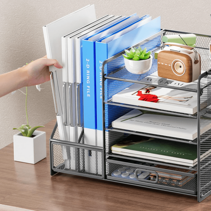 Desk Organizer with File Holder, 5-Tier Paper Letter Tray Organizer with Drawer and 2 Pen Holder, Mesh Desktop Organizer and Storage with Magazine Holder for Office Supplies (Grey) - Image 5