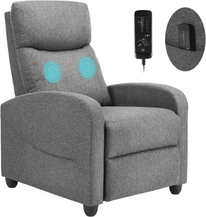 Recliner Chair for Adults, Massage Fabric Small Recliner Home Theater Seating with Lumbar Support, Adjustable Modern Reclining Chair with Padded Seat Backrest for Living Room (Grey)