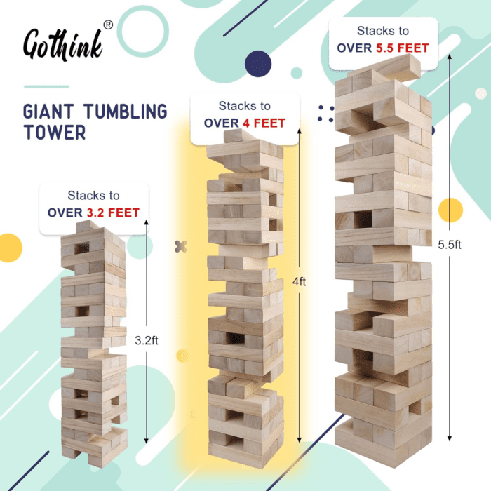 Giant Tumble Tower Game, Large Tumbling Tower Stack to over 4 FT 54Pcs Wooden Jumbo Blocks for outside Yard Games with Carry Case Timber Stacking Game Night Toy Gift for Kids Adults Family - Image 7