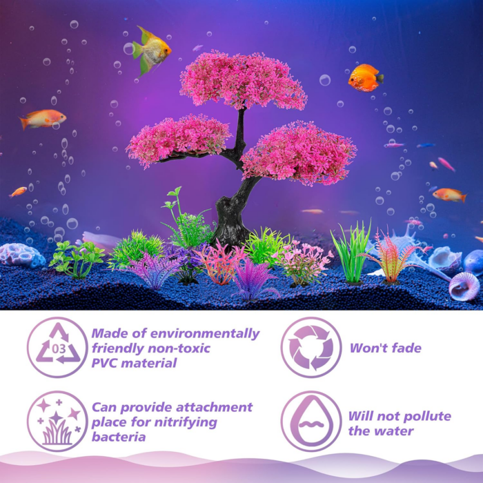 Aquarium Artificial Plastic Plants Decoration, Pink Cherry Blossom Tree & Grass Aquarium Decor Set, Goldfish Betta Fish Tank Decorations Hides Accessories（Pink - Image 3