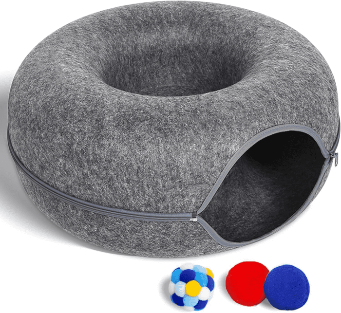 Large Cat Tunnel Bed for Indoor Cats with 3 Toys, Scratch Resistant Donut Cat Bed, up to 30 Lbs (L 24X24X11, Dark Grey)