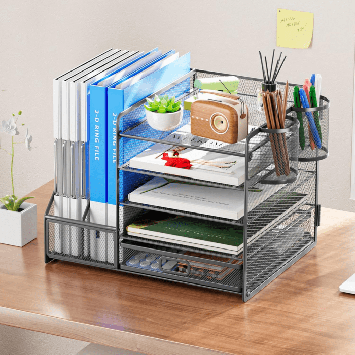 Desk Organizer with File Holder, 5-Tier Paper Letter Tray Organizer with Drawer and 2 Pen Holder, Mesh Desktop Organizer and Storage with Magazine Holder for Office Supplies (Grey) - Image 3