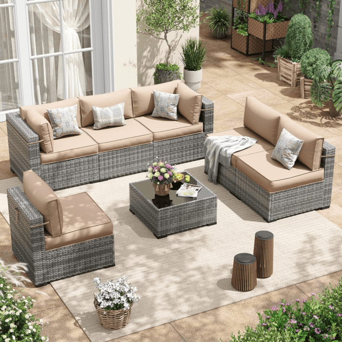 Patio Furniture Set, Outdoor Patio Furniture Wicker Furniture Couch Set, 7-Pieces Outdoor Sectional Sofa with Patio Furniture Cover, Outdoor Patio Set for Home Furniture (Khaki)