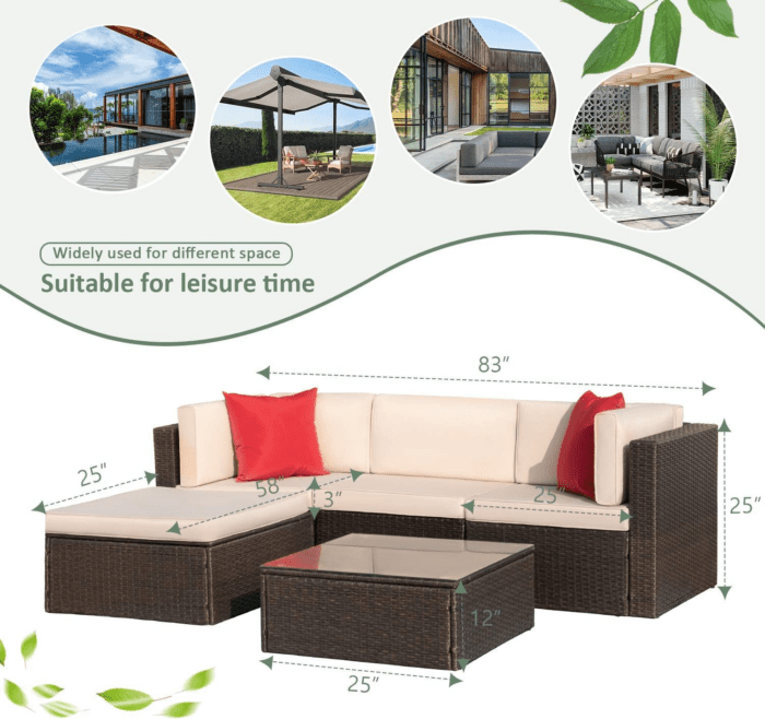 5 Pieces Patio Furniture Sets All Weather Outdoor Sectional Patio Sofa Manual Weaving Wicker Rattan Patio Seating Sofas with Cushion and Glass Table(Beige) - Image 9