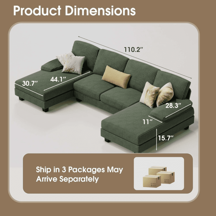 Sectional Couches for Living Room, U-Shaped Sofa Couch with Soft Corduroy, 4 Seat Sofa Set with Double Chaise for Apartment (Corduroy, Dark Green) - Image 2