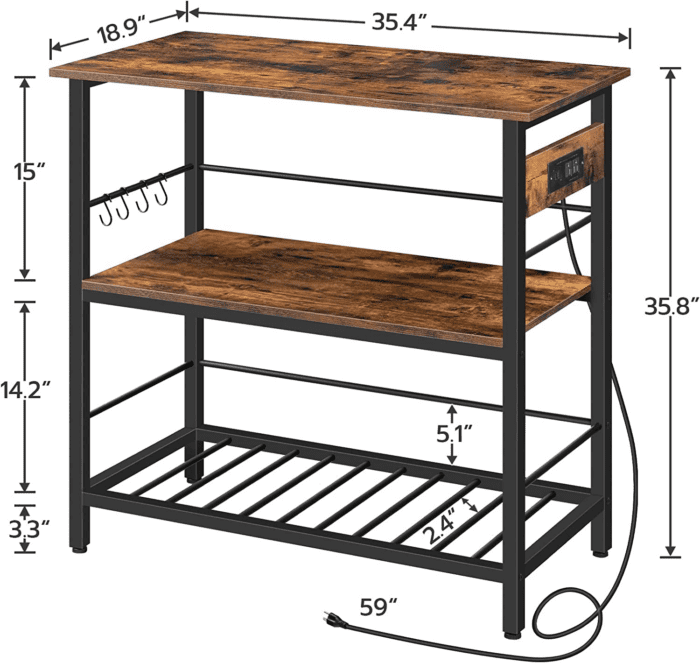 Kitchen Island with Storage, Kitchen Island Table with Power Outlet, 35.4" L 3 Tier Coffee Station and Microwave Stand, for Home, Kitchen and Dining Room, Rustic Brown and Black BF021ZD01 - Image 3