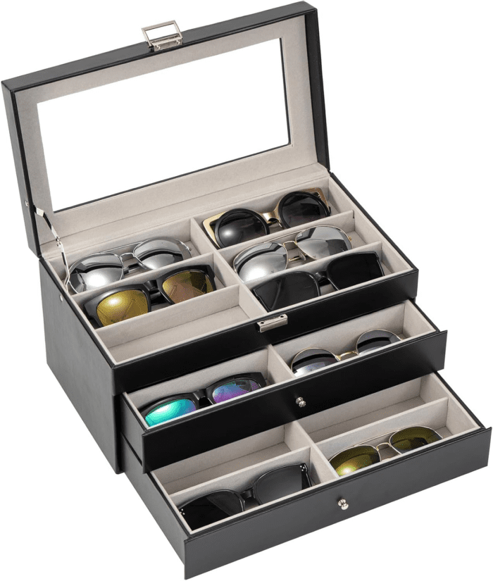 3-Layer Sunglasses Storage Organizer, 18 Slots Leather Sunglass Box Multiple Pairs Eyeglass Cases Eye Glass Eyewear Display Holder for Men Women -Black