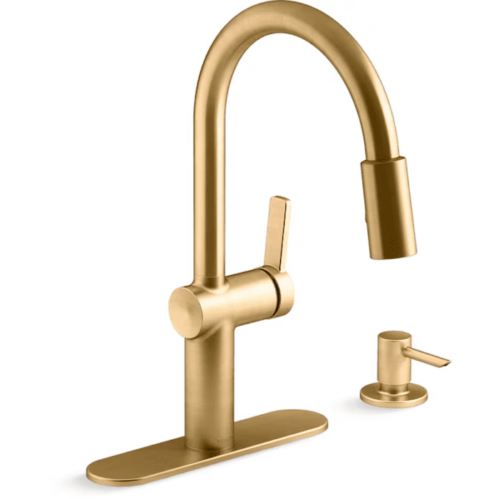 Koi Vibrant Brushed Moderne Brass Single Handle Pull-Down Kitchen Faucet with Sprayer (Deck Plate and Soap Dispenser Included) - Image 2