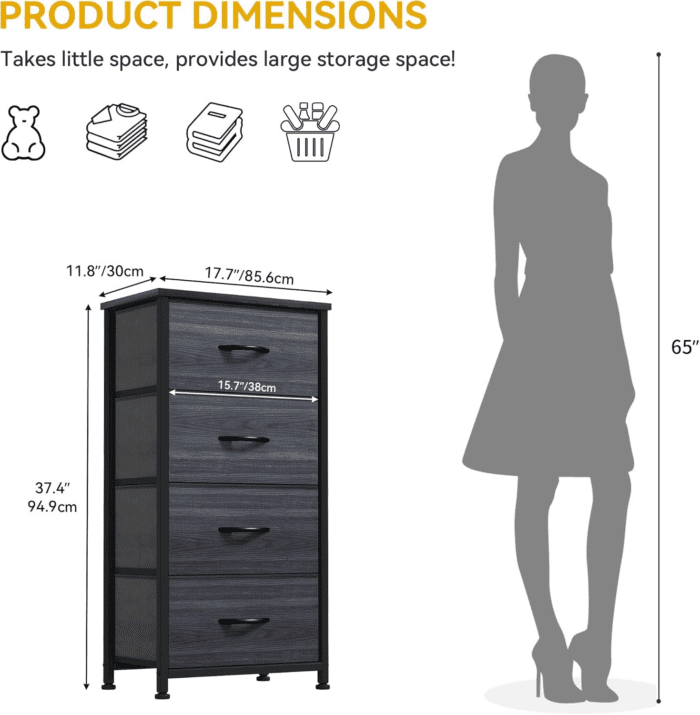 4 Drawers Dresser, Dresser for Bedroom, Fabric Storage Tower, Chest of Drawers, Organizer Unit for Closets, Living Room, Sturdy Steel Frame, Wooden Top, Easy Pull Fabric Bins - Image 4